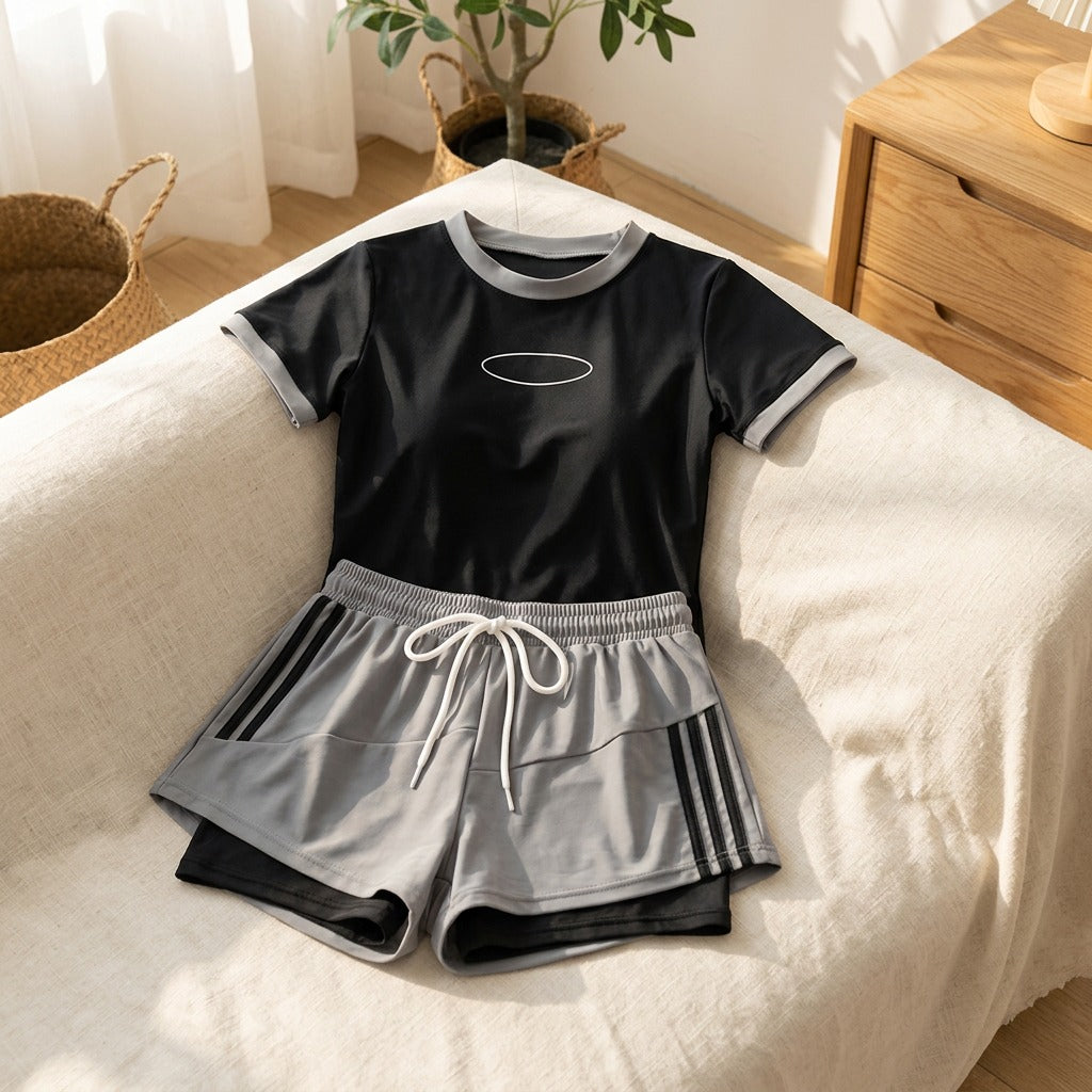 Sunpair™ Women's Two-Piece Short Sleeve Swimsuit in a calm home setting