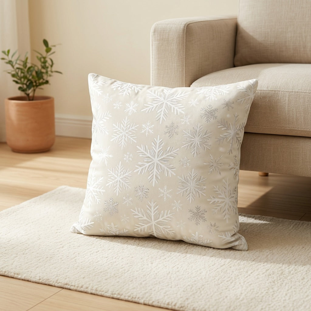 Snowplush™ Plush Snowflake Throw Pillow Cover in a calm home setting