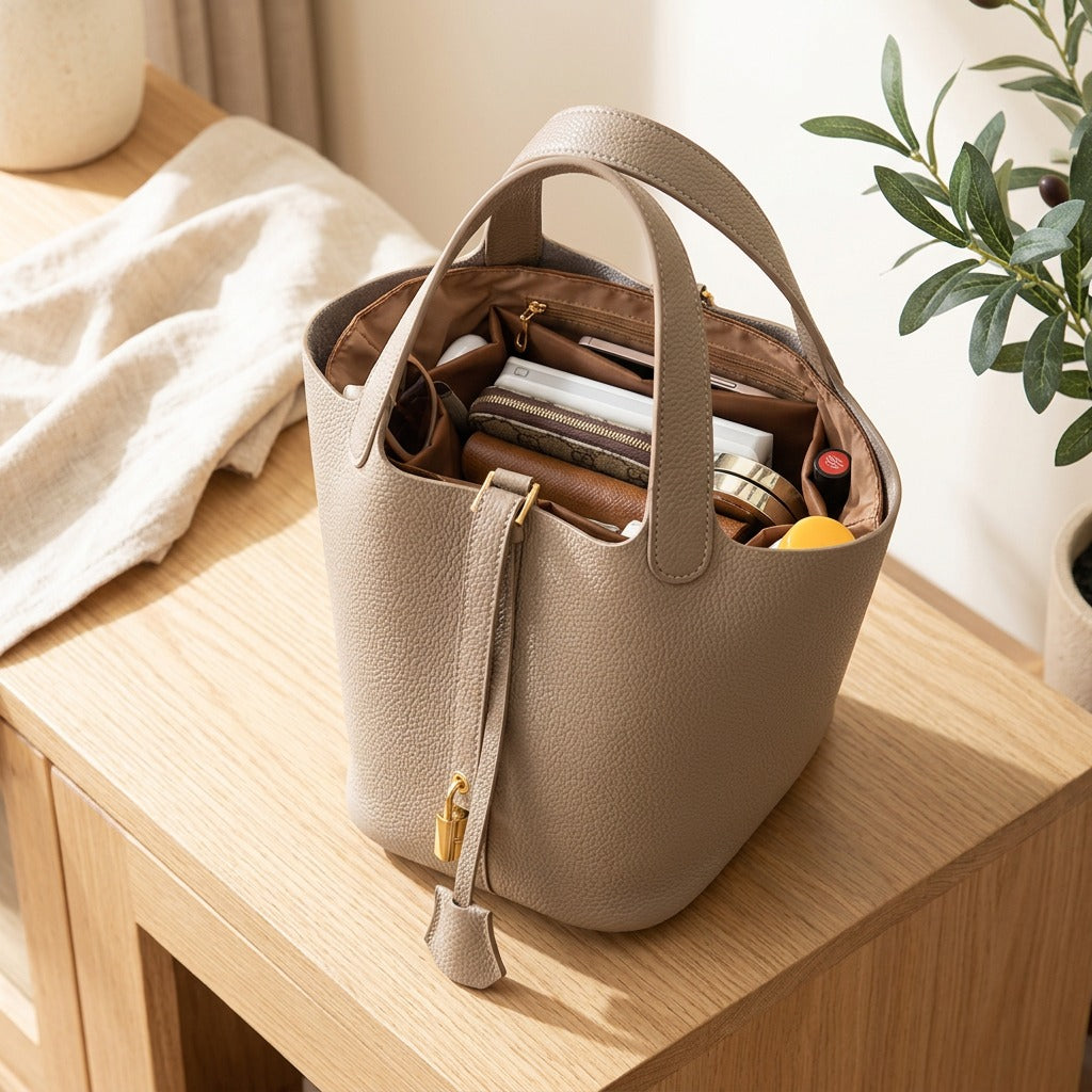 Bagcubby™ Nylon Bucket Bag Organizer Insert in a calm home setting