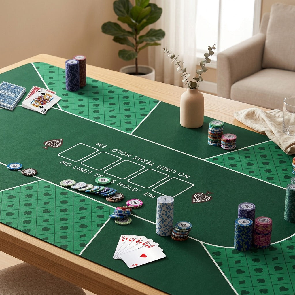 Dealgrip™ Oversized Rubber Poker Table Mat in a calm home setting