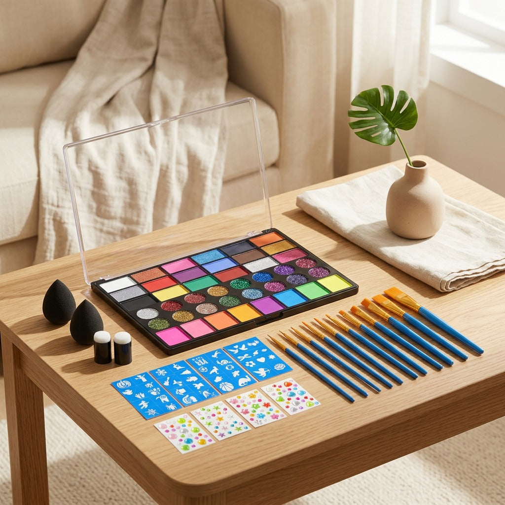 Paintplay™ Water-Soluble Face Paint Set in a calm home setting