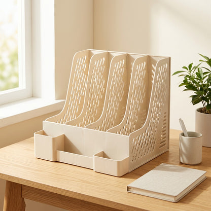 Pagegrid™ Four-Section Plastic File Rack in a calm home setting