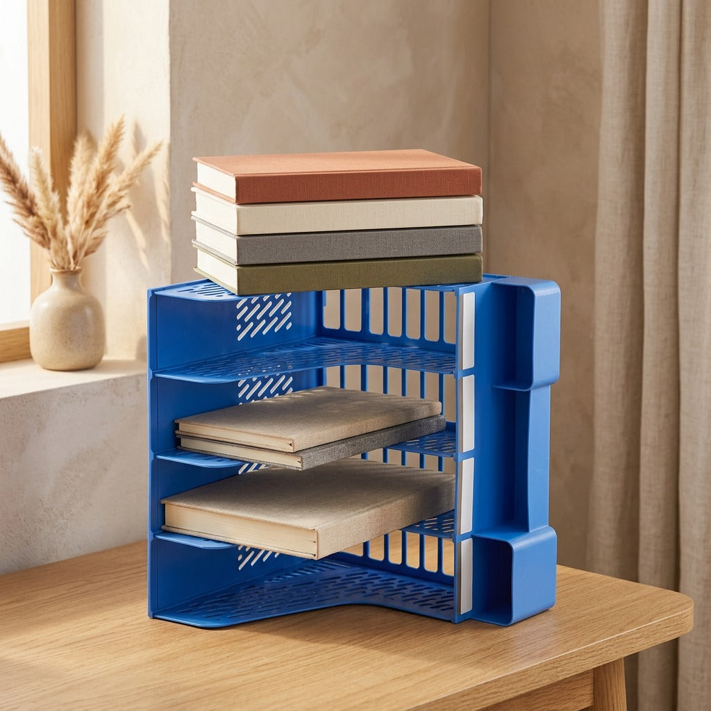 Pagegrid™ Four-Section Plastic File Rack, styled close view