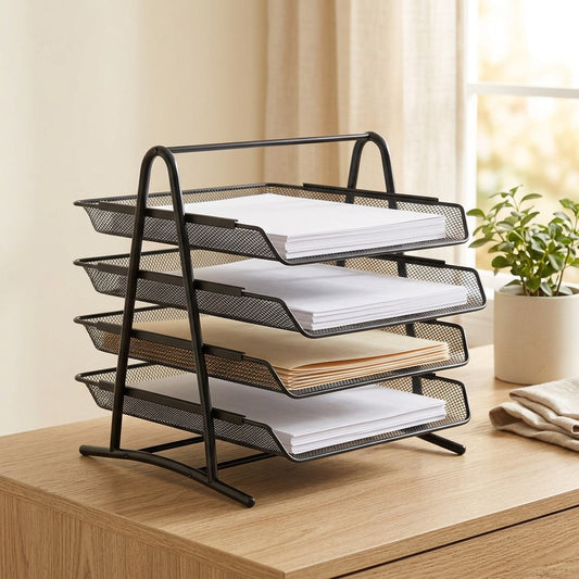 Filetier™ Four-Layer Metal Desktop File Rack in a calm home setting