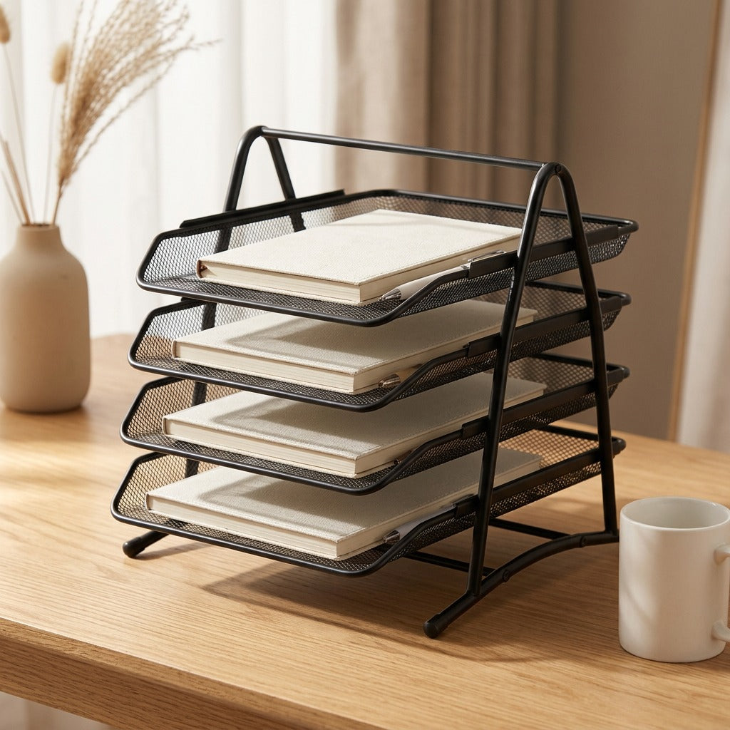Filetier™ Four-Layer Metal Desktop File Rack, styled close view