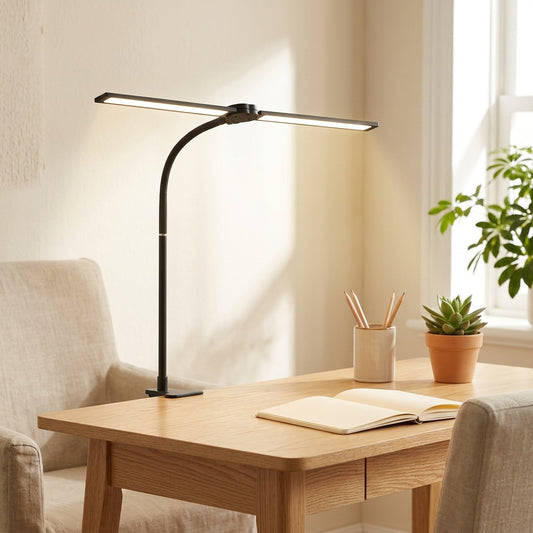 Twinbeam™ Dual-Head Clip-On Desk Lamp in a calm home setting
