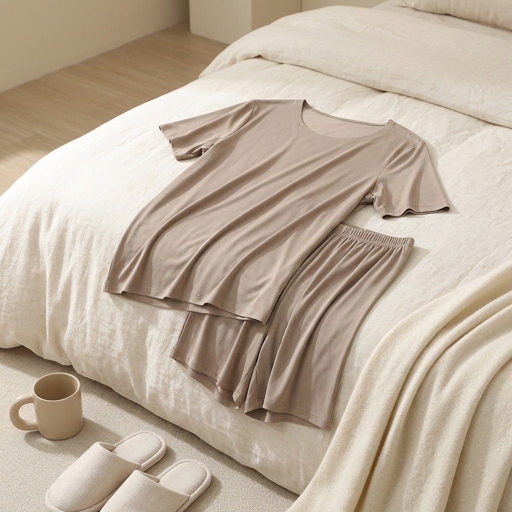 Coolslumber™ Ice Silk Pajama Set With Shorts, styled close view