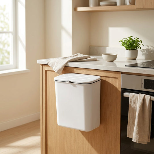 Binswing™ Wall-Mounted Plastic Trash Can in a calm home setting
