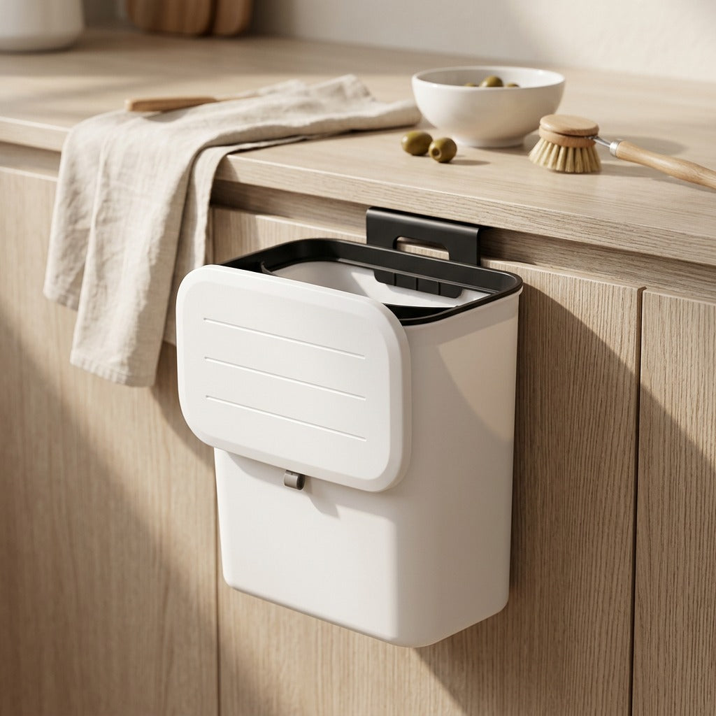 Binswing™ Wall-Mounted Plastic Trash Can, styled close view