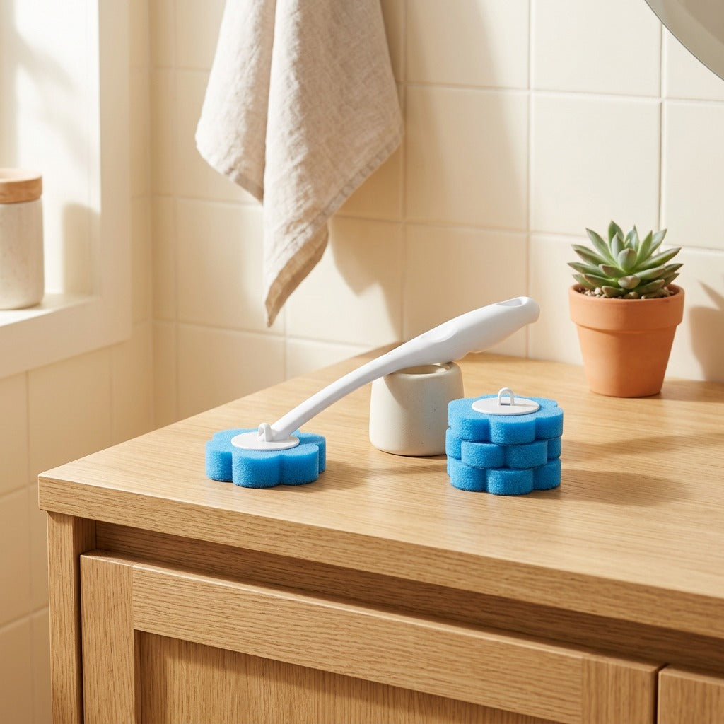 Scrubdrop™ Disposable Plastic Toilet Brush in a calm home setting