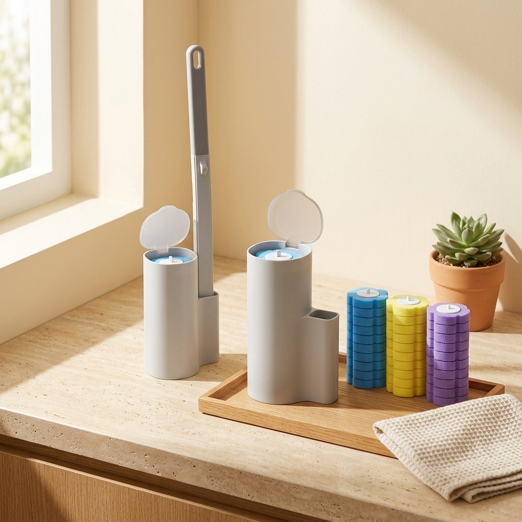 Brushfresh™ Plastic Toilet Brush With Replacement Heads in a calm home setting
