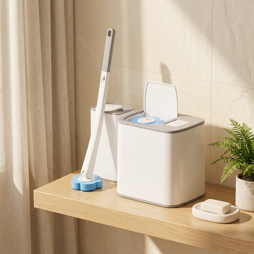 Freshswap™ Disposable Toilet Brush With Refill Heads in a calm home setting