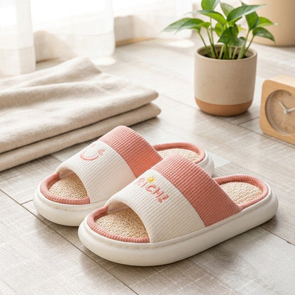 Linenbreeze™ Linen Open-Toe EVA Slippers in a calm home setting
