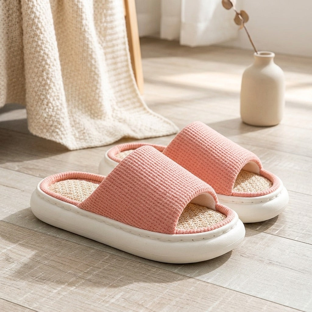 Linenbreeze™ Linen Open-Toe EVA Slippers, styled close view