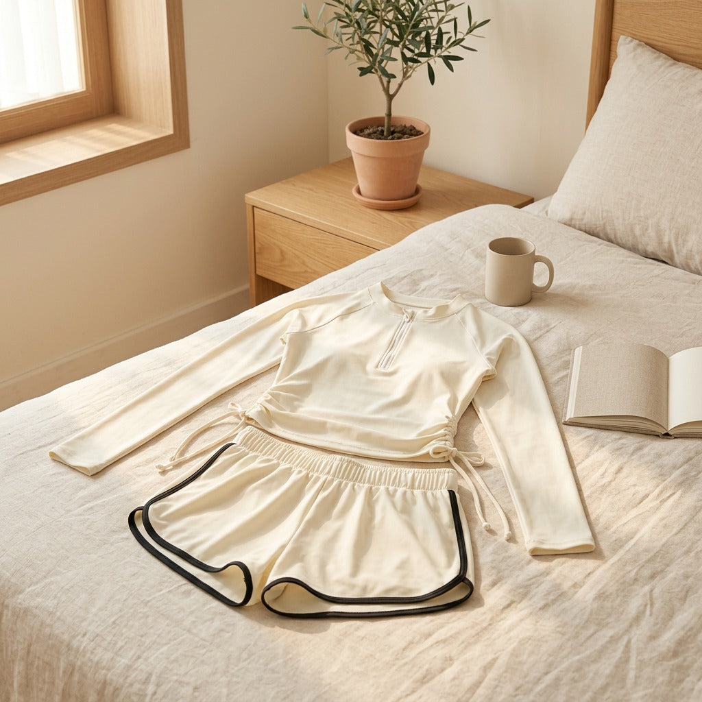 Longtide™ Long-Sleeve Two-Piece Swimsuit in a calm home setting
