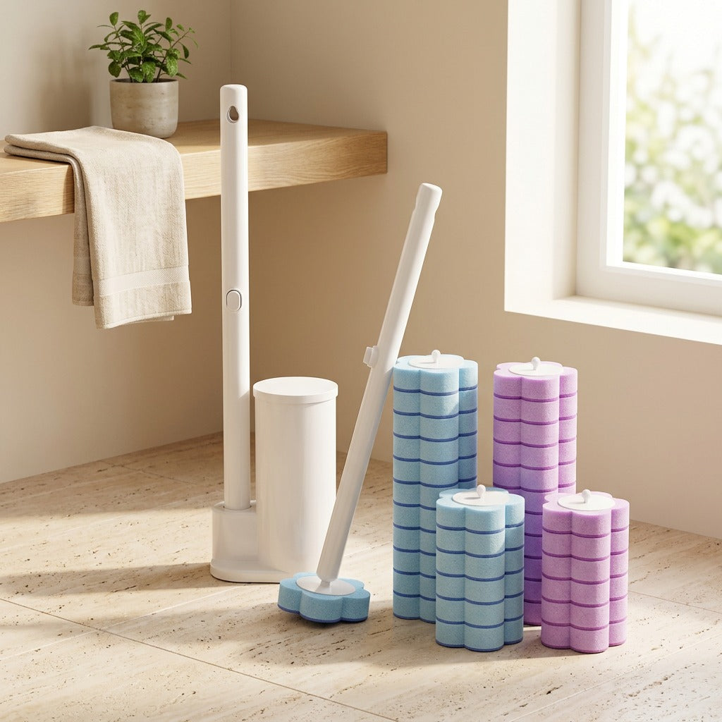 Toiletkit™ Disposable Toilet Cleaning Brush Set in a calm home setting