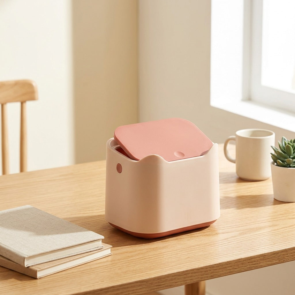 Pushlid™ Push-Top Desktop Trash Can in a calm home setting