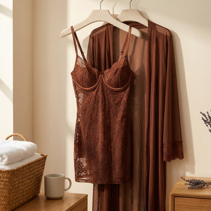 Meshwhisper™ Mesh Nightgown Set With V-Neck, styled close view