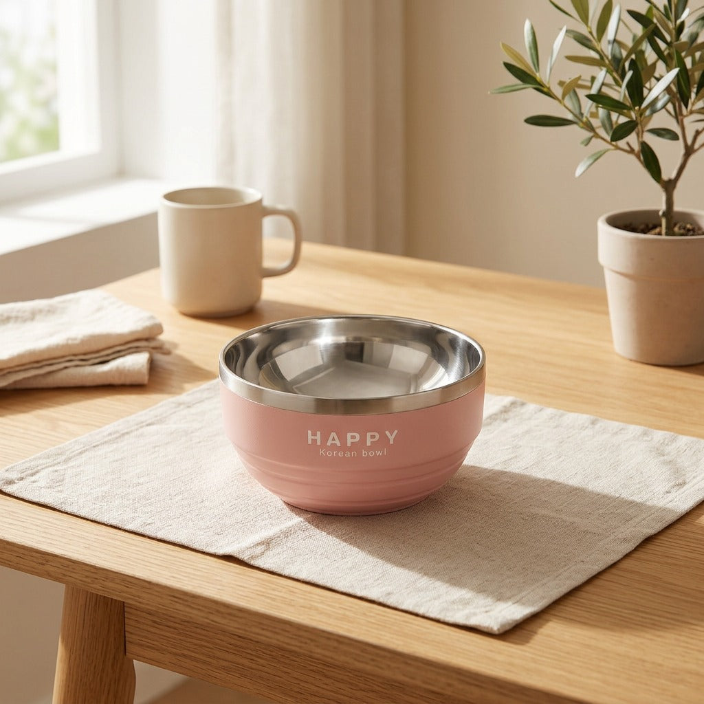 Bowlblush™ Pink Stainless Steel Children’s Bowl in a calm home setting