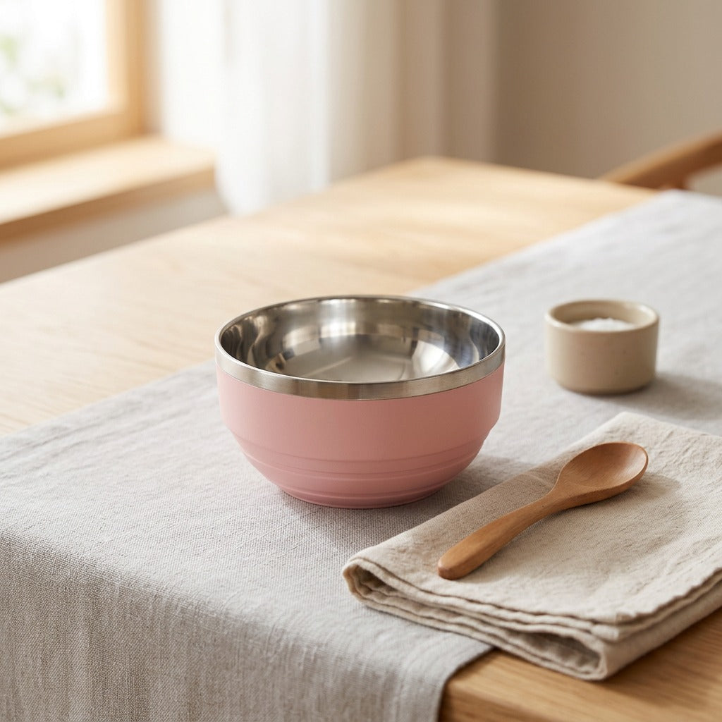 Bowlblush™ Pink Stainless Steel Children’s Bowl, styled close view