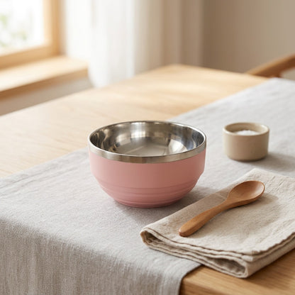 Bowlblush™ Pink Stainless Steel Children’s Bowl, styled close view