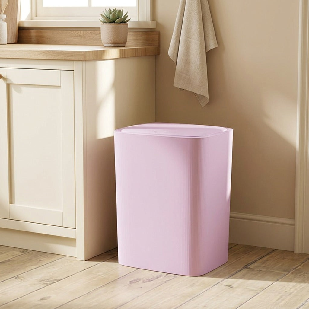 Presslid™ Push-Open Plastic Trash Can in a calm home setting