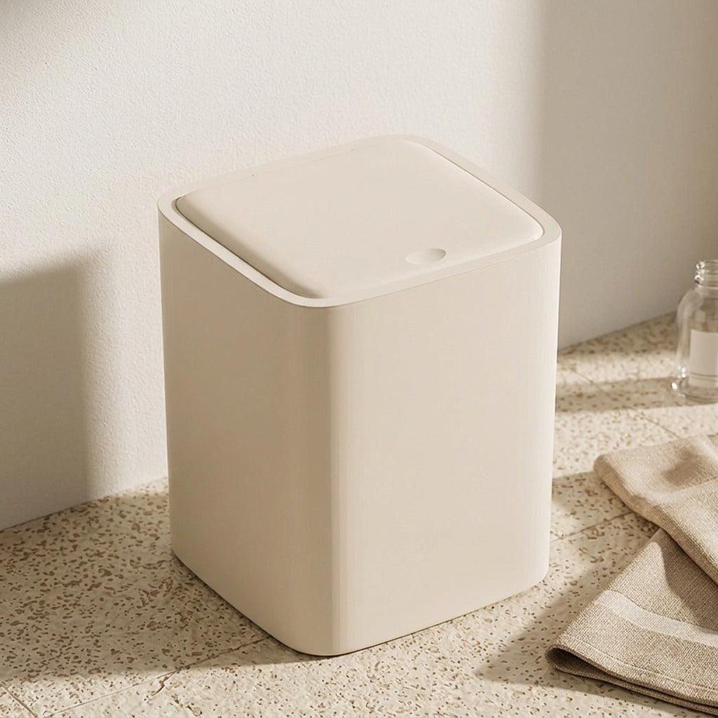 Presslid™ Push-Open Plastic Trash Can, styled close view