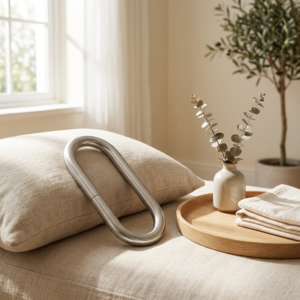 Eggclasp™ Metal Egg-Shaped Bag Buckle in a calm home setting
