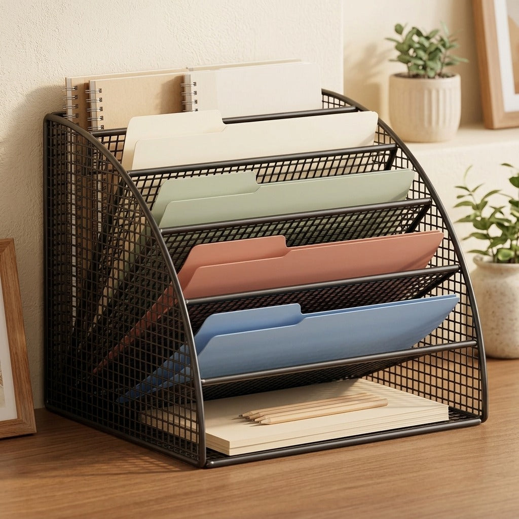 Deskstack™ Iron Desk File Storage Rack, styled close view
