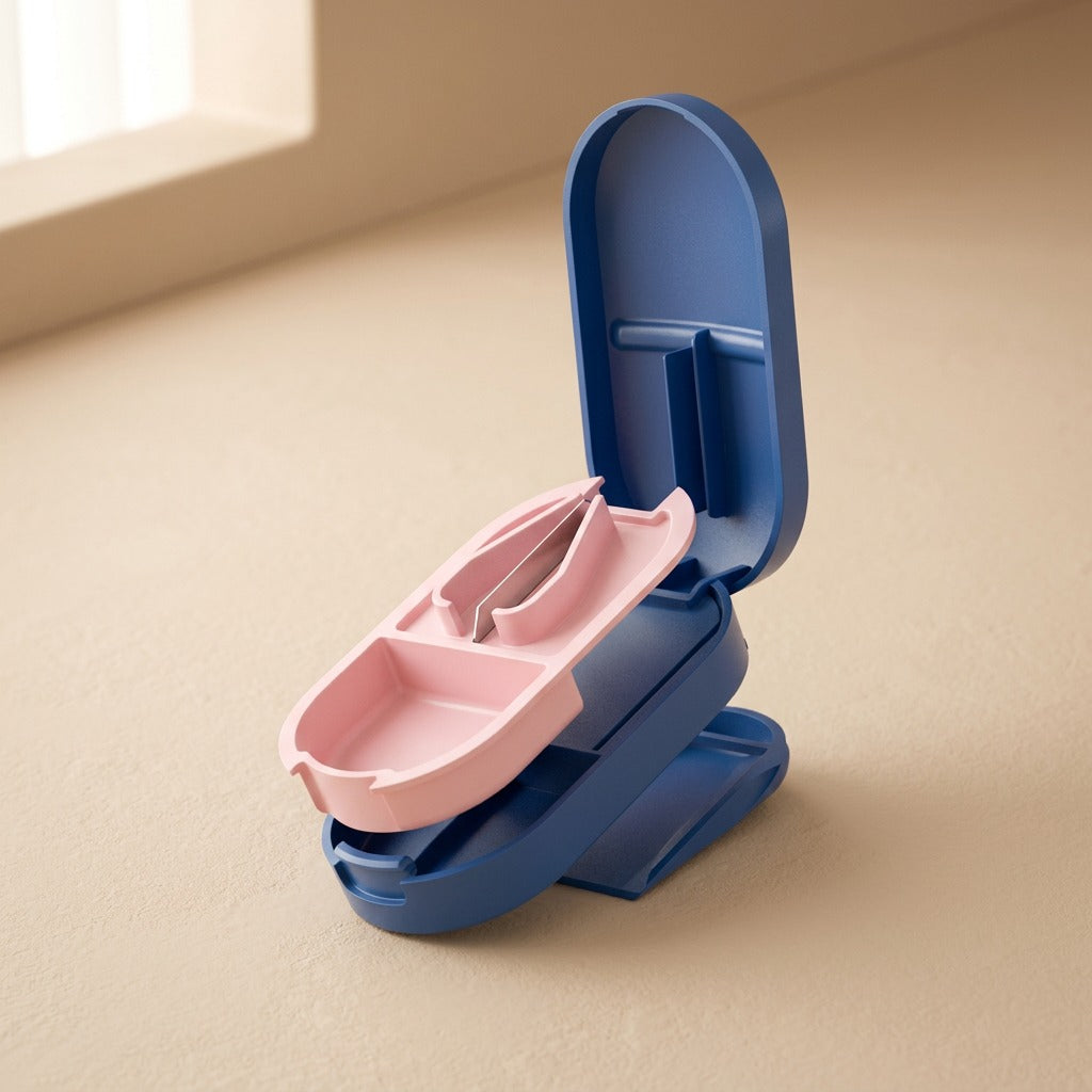 Pillblade™ Plastic Pill Cutter With Stainless Steel Blade, material and detail close-up