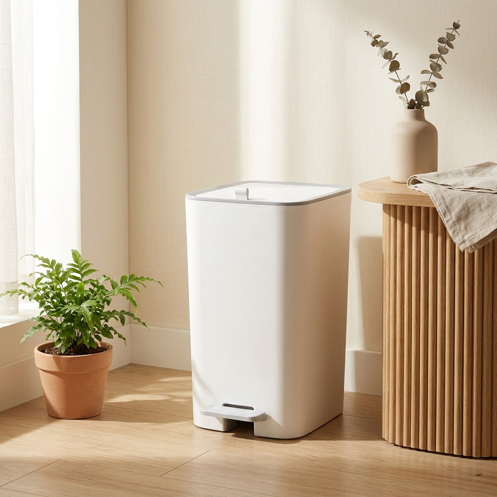 Pressbin™ Push-Top Plastic Trash Can in a calm home setting