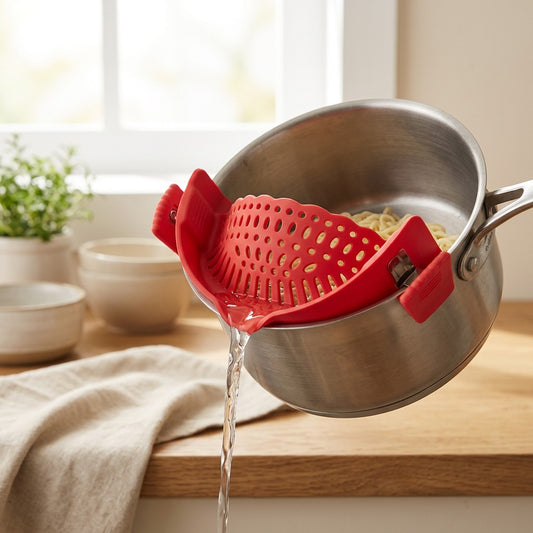 Pourclip™ Silicone Pot Edge Drainer in a calm home setting