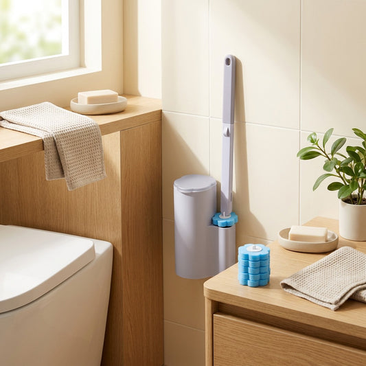 Bowlwipe™ Plastic Disposable Toilet Brush in a calm home setting