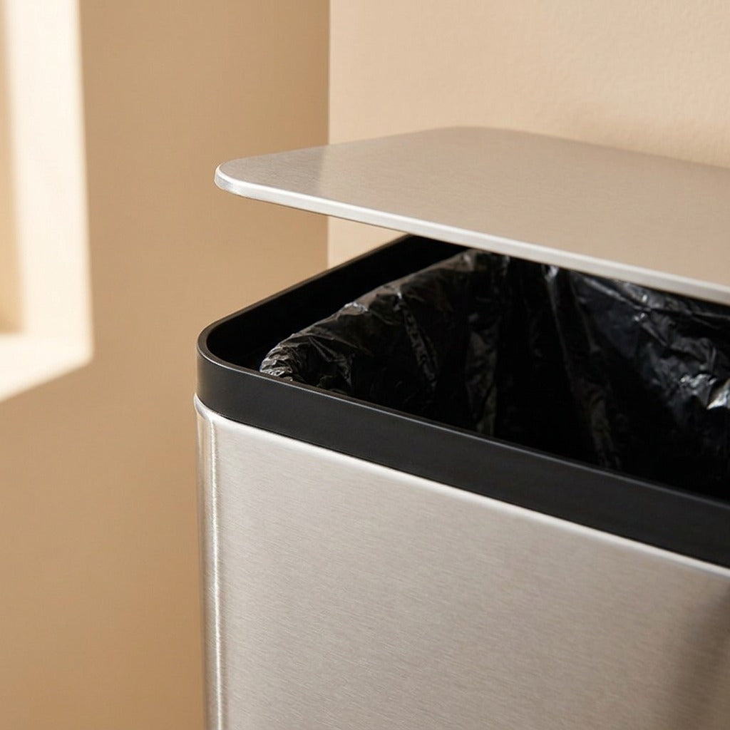 Wallcatch™ Stainless Steel Wall-Mounted Trash Can, material and detail close-up