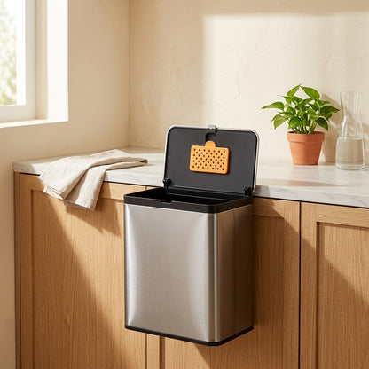 Wallcatch™ Stainless Steel Wall-Mounted Trash Can in a calm home setting