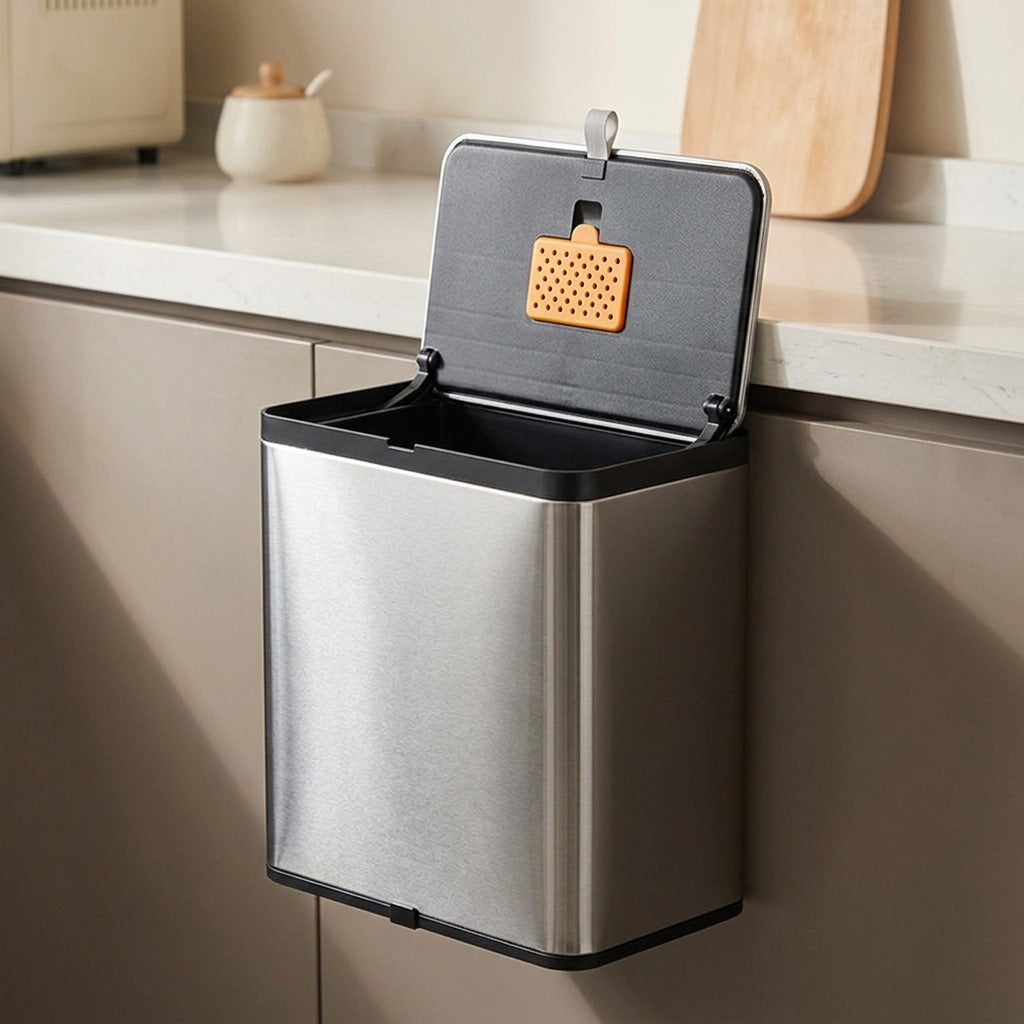 Wallcatch™ Stainless Steel Wall-Mounted Trash Can, styled close view