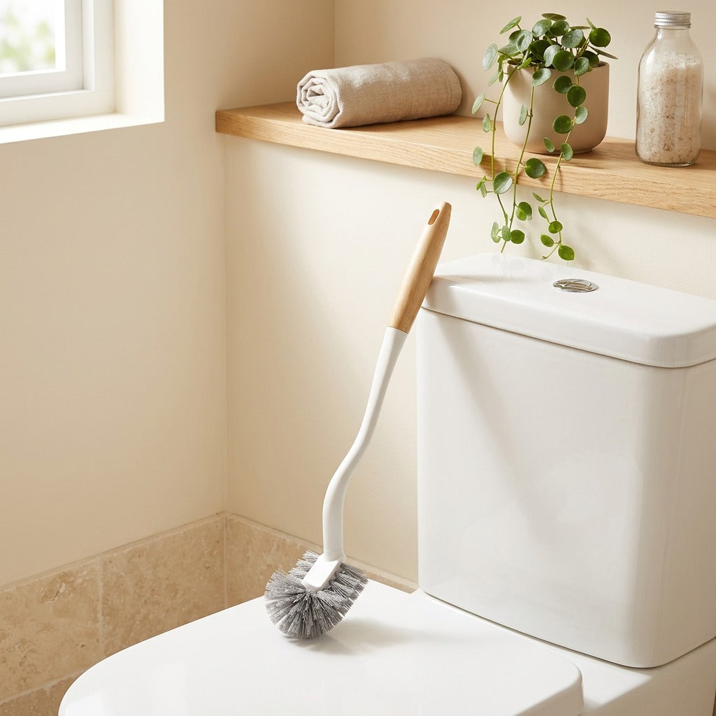 Silkbristle™ Silicone Toilet Brush With Long Handle in a calm home setting