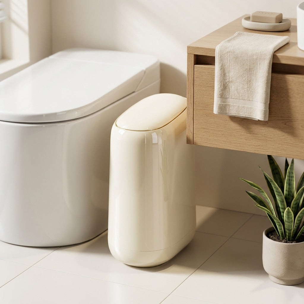 Pushbin™ Plastic Bathroom Trash Can With Push Lid in a calm home setting