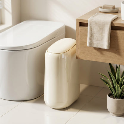 Pushbin™ Plastic Bathroom Trash Can With Push Lid in a calm home setting