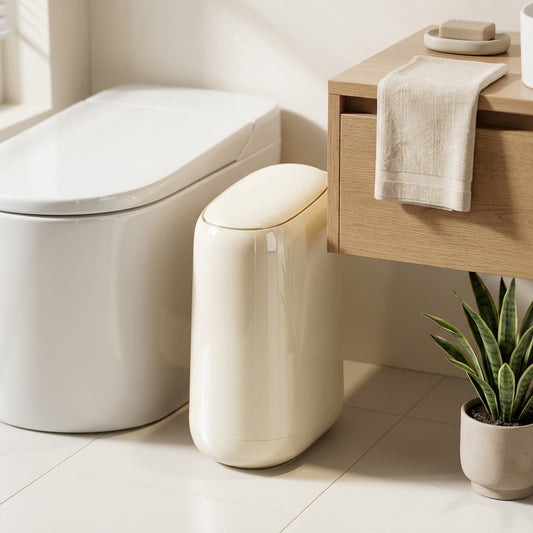 Pushbin™ Plastic Bathroom Trash Can With Push Lid in a calm home setting
