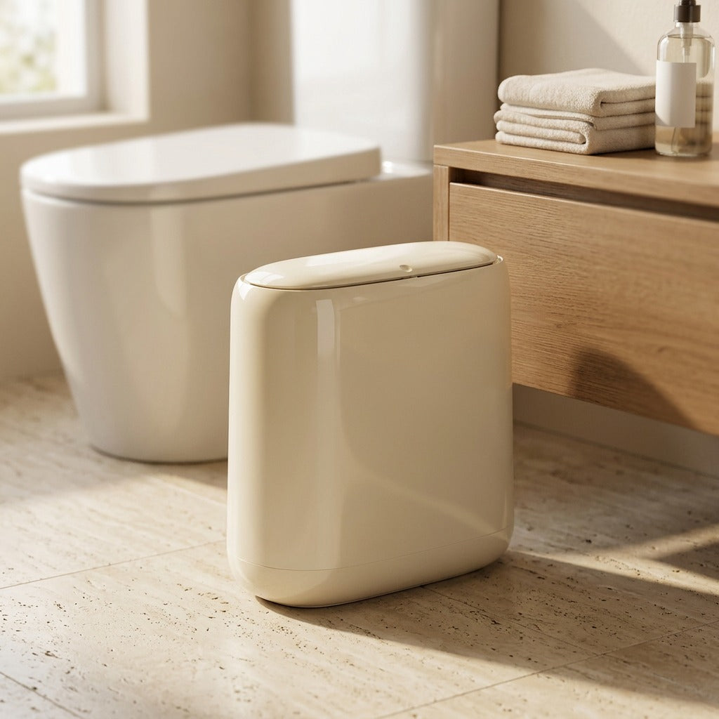 Pushbin™ Plastic Bathroom Trash Can With Push Lid, styled close view