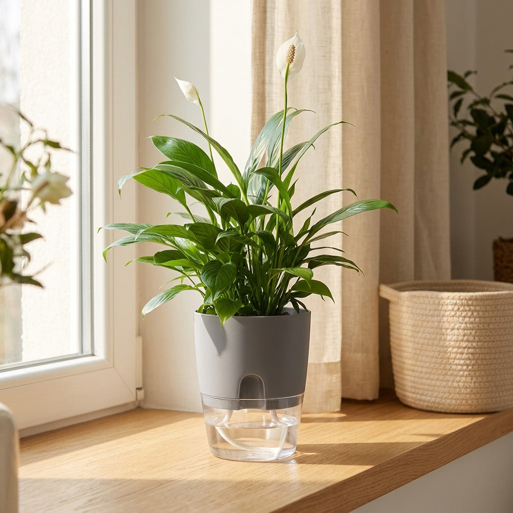 Dewroot™ Plastic Self-Watering Flower Pot in a calm home setting