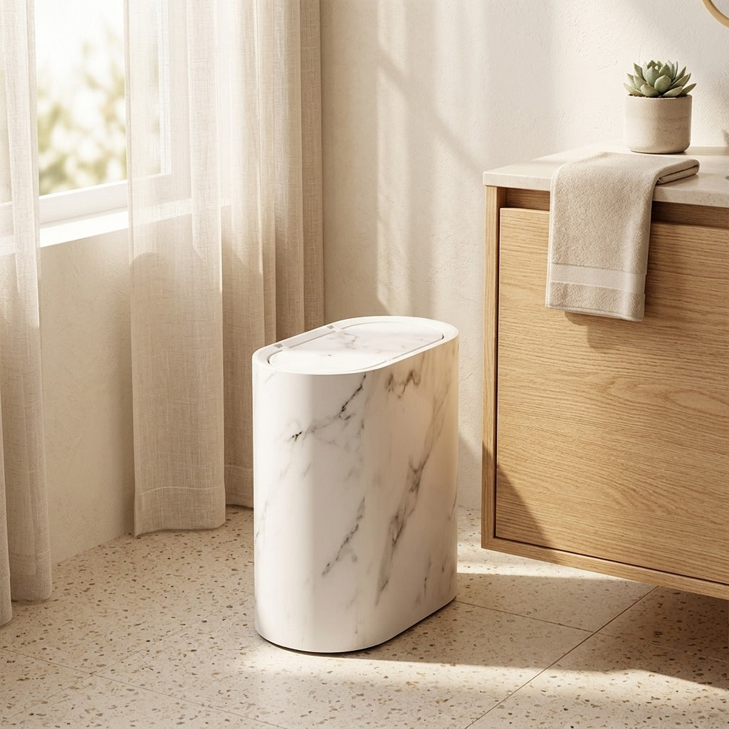Slimpress™ Narrow Gap Press-Open Trash Can in a calm home setting