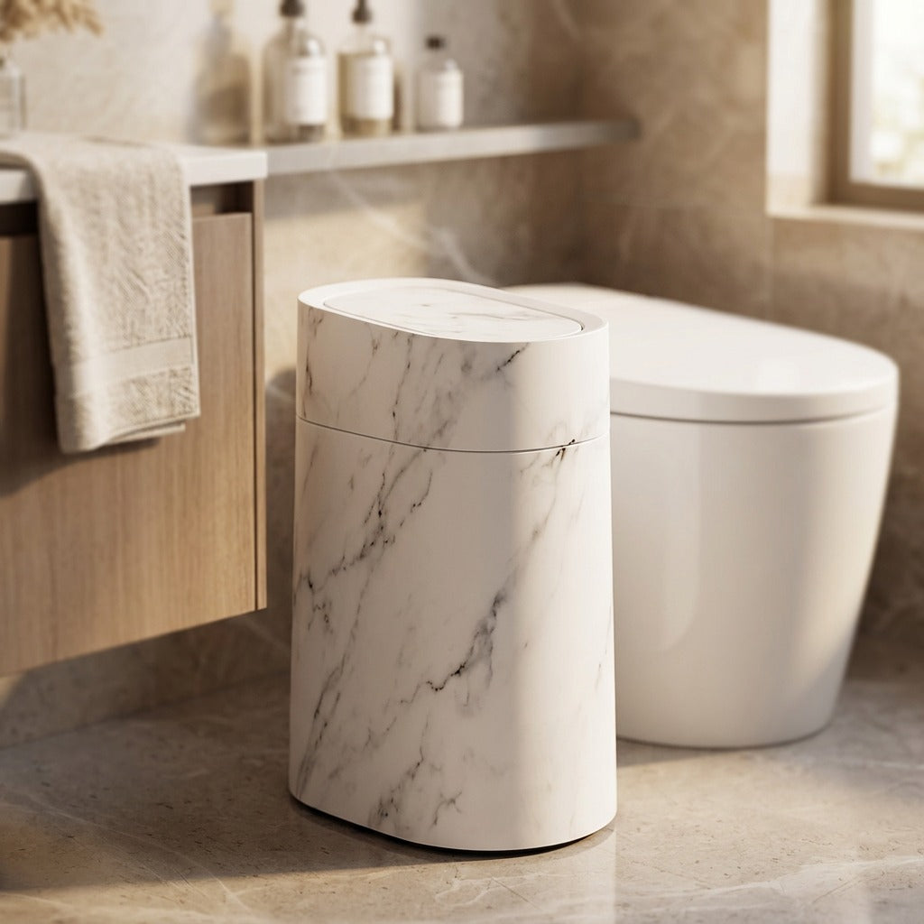 Slimpress™ Narrow Gap Press-Open Trash Can, styled close view