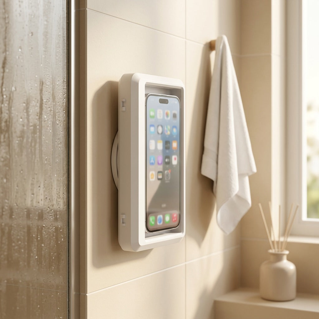 Phoneperch™ Adhesive Bathroom Phone Holder, styled close view