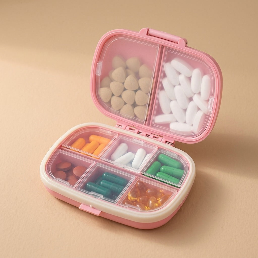 Dosecell™ 8-Compartment Plastic Pill Box, material and detail close-up