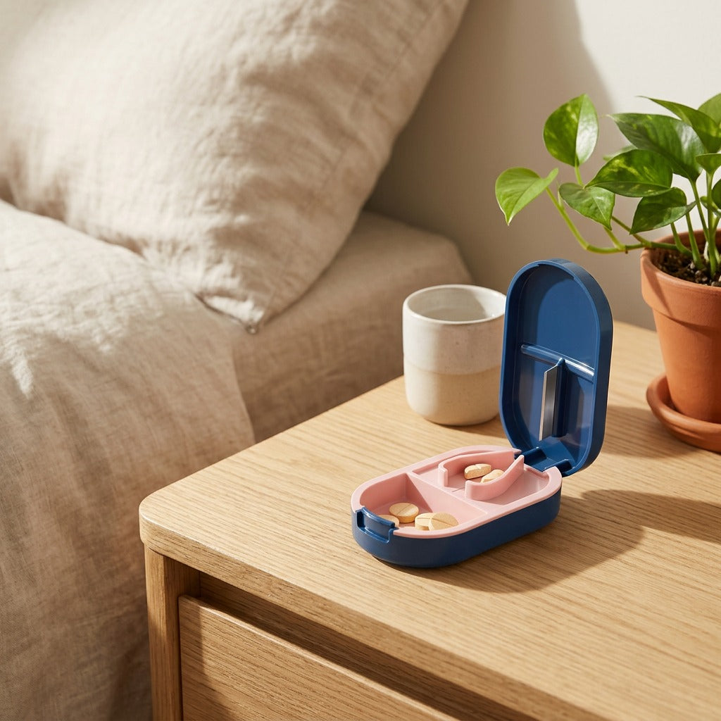 Dosecutter™ Portable Pill Box With Cutter in a calm home setting