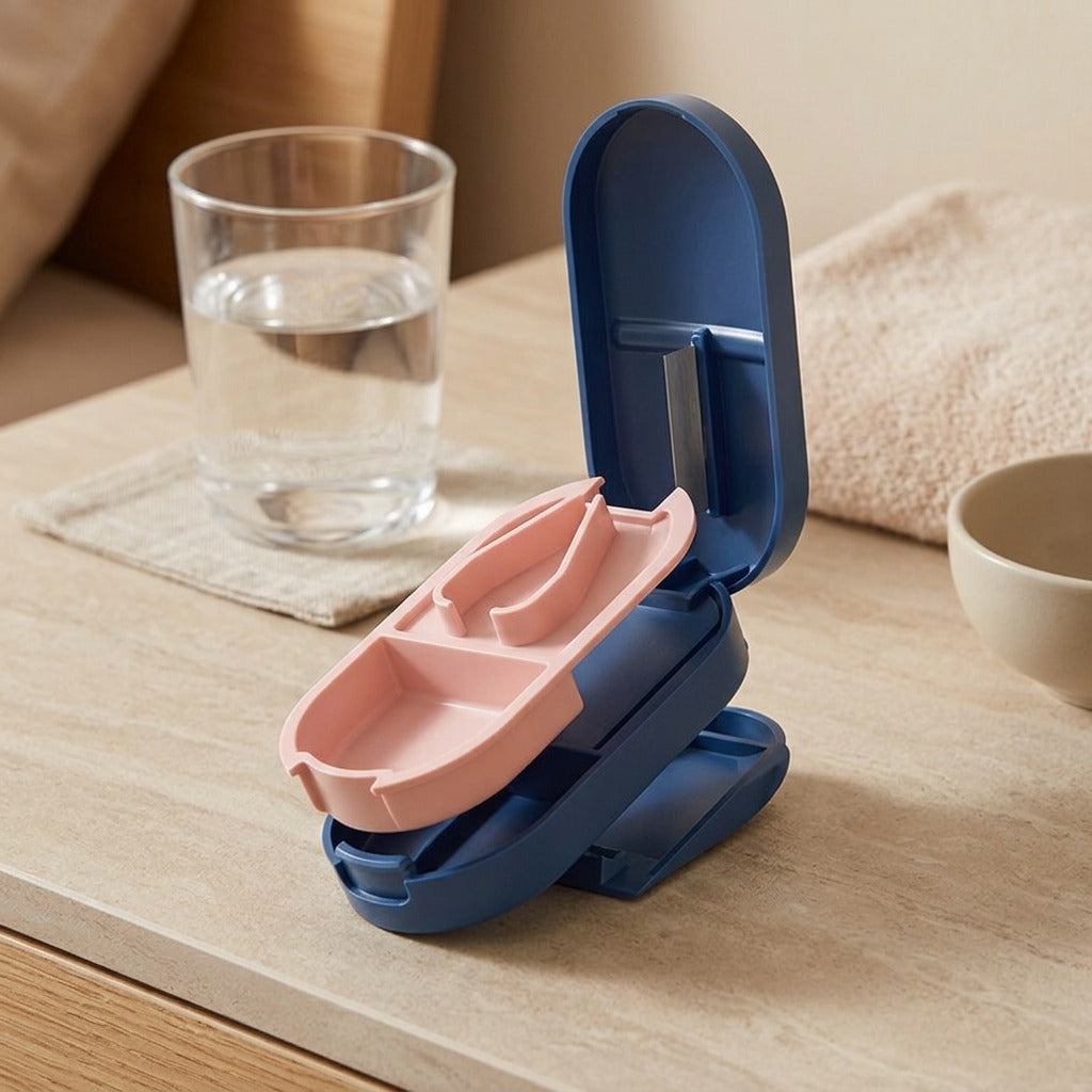 Dosecutter™ Portable Pill Box With Cutter, styled close view