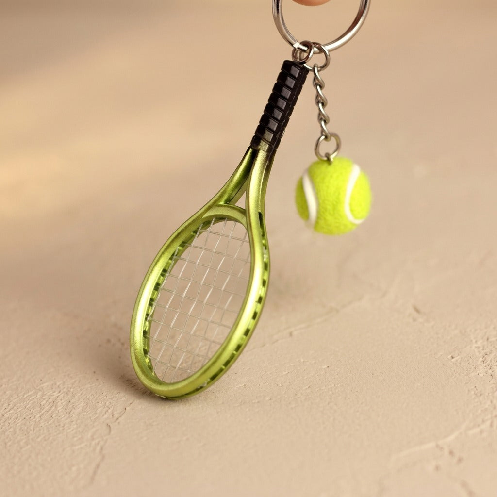 Rallykey™ Mini Tennis Racket Keychain, material and detail close-up