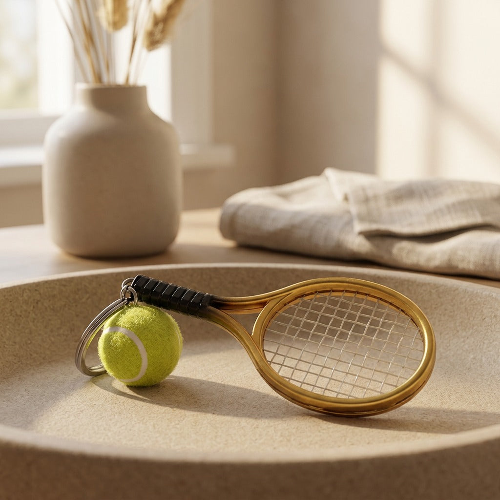 Rallykey™ Mini Tennis Racket Keychain, styled close view